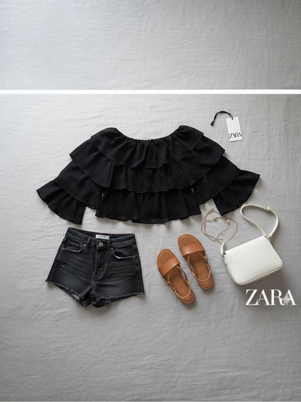 Zara Solid Black Ruffled Crop Top Sz. S